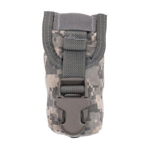 May include: A gray and beige camouflage pouch with a plastic buckle closure. The pouch has a loop on the back and a strap at the top. The design is a digital camouflage pattern.
