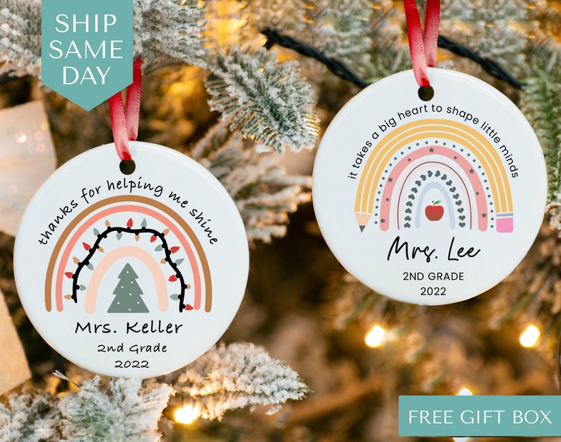 Custom Rainbow Teacher Christmas Ornament \u2022 Leopard Rainbow Ornament with Name & Year \u2022 Cute Personalized Teacher Keepsake Gift (CO-11)