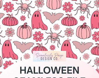 Modello rosa senza cuciture di Halloween con uso commerciale incluso, fantasmi, zucche e ragni disegnati a mano, file PNG