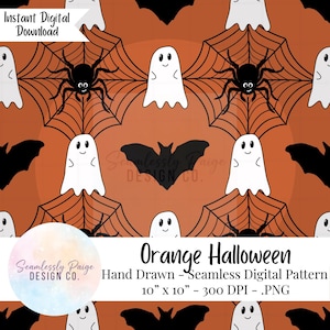 Könnte beinhalten: Oranges Halloween-Digitalmuster mit weißen Geistern, schwarzen Spinnen und Fledermäusen auf einem Spinnennetz-Design. Der Text lautet "Orange Halloween" und "Handgezeichnetes nahtloses Digitalmuster 25,4 cm x 25,4 cm - 300 DPI - .PNG".