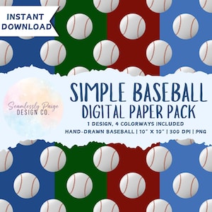 Puede incluir: Un paquete de papel digital con un patrón repetido de pelotas de béisbol con costuras rojas sobre un fondo blanco. El diseño incluye cuatro combinaciones de colores y mide 25,4 cm x 25,4 cm. Se muestra el texto "Simple Baseball Digital Paper Pack".