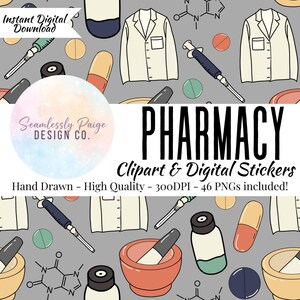 May include: A digital pharmacy-themed design featuring hand-drawn illustrations of lab coats, syringes, pills, medicine bottles, and mortars and pestles. The design includes the text "PHARMACY Clipart & Digital Stickers".
