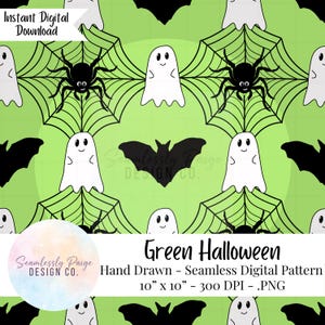 Hand Drawn Seamless Halloween Green Pattern | Digital Paper for Halloween Fabrics | Seamless PNG Halloween Design | Ghost Spider Bat Design