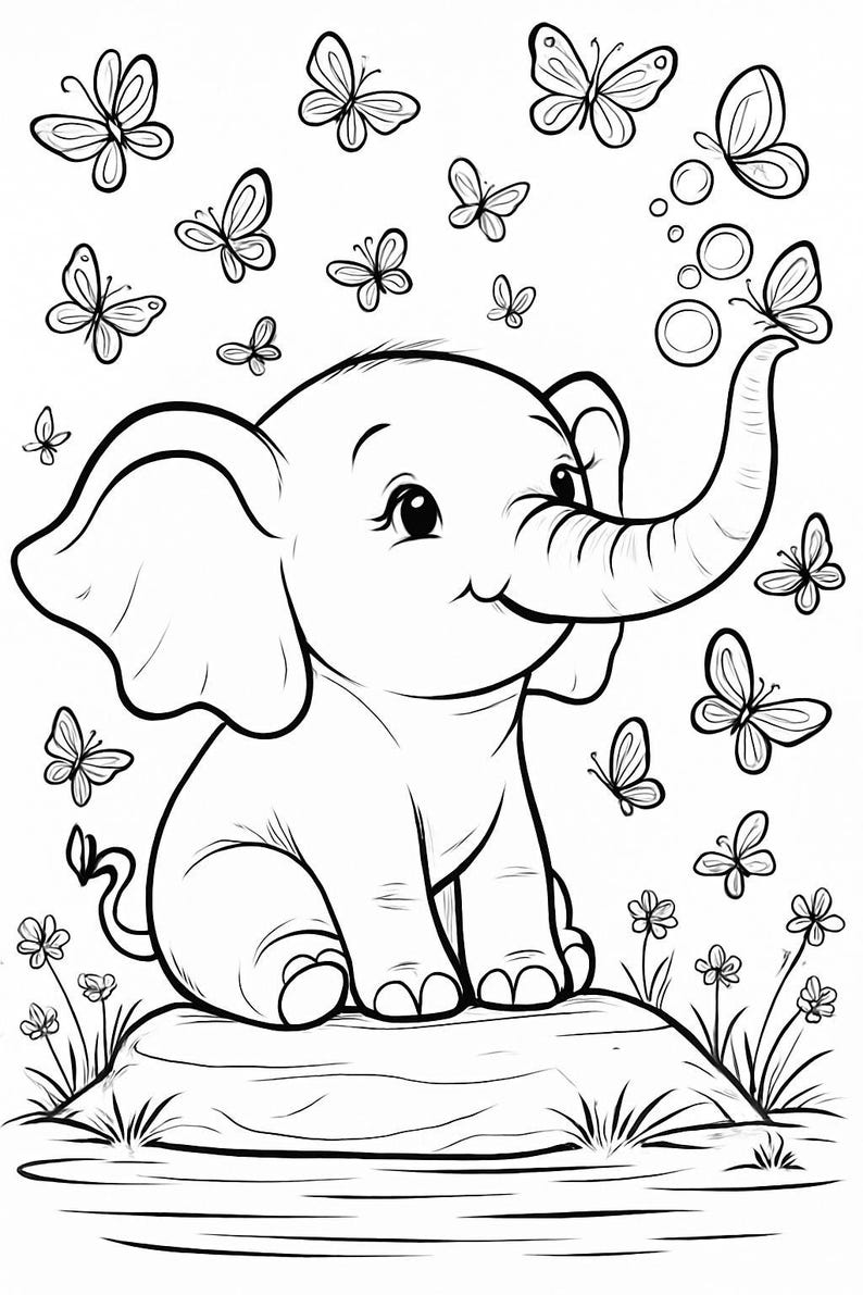 Baby Elephant and Butterflies Coloring Page - Etsy