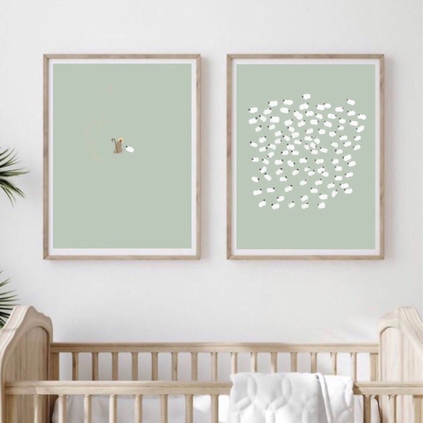 The Good Shepard Digital Art Print / Jesus leaves the 99 / Christian Minimalist Art / Nursery Wall Art / Unisex Baby Art/ Sage Earth Tone