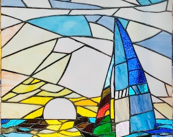 Sailboat at Sunset Stained Glass Window Panel – Coastal Maine Sailboat Scene