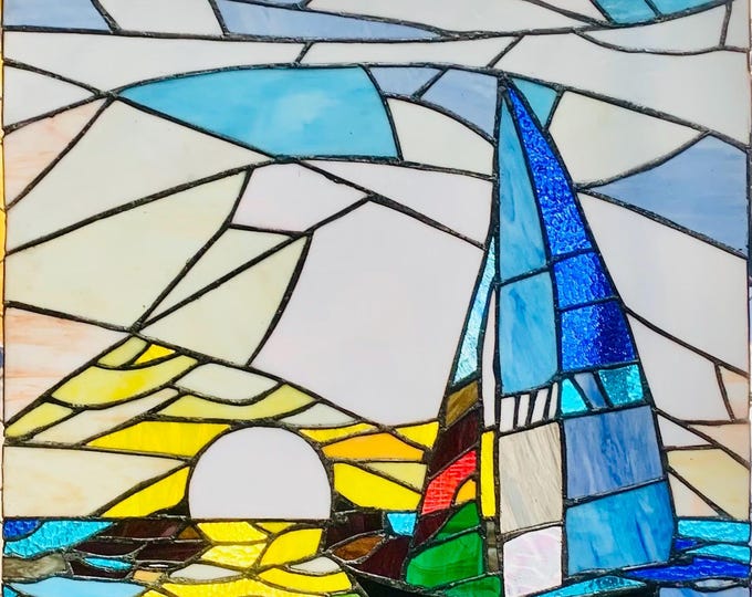 Sailboat at Sunset Stained Glass Window Panel – Coastal Maine Sailboat Scene