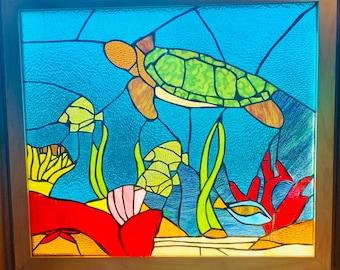 Large Sea Turtle Stained Glass Window Panel – Underwater Ocean Scene 28” × 32”