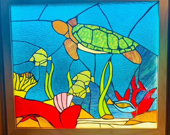 Large Sea Turtle Stained Glass Window Panel – Underwater Ocean Scene 28” × 32”