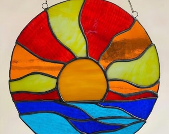 Sunset Over Ocean Stained Glass Suncatcher