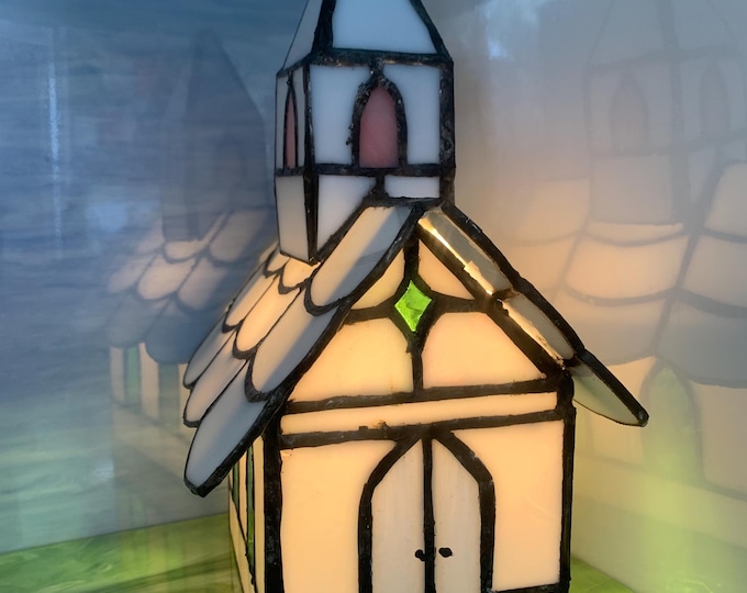Stained Glass lamp little country Church – Handmade 3d lit stained glass church