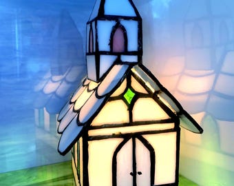 Stained Glass Country Church Night Light – Handmade Lamp