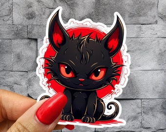 Creepy-Cute Black Cat Vinyl Sticker, Black cat sticker, creepy cute, Halloween art, vinyl decal, cat lover, laptop decor, notebook, tumbler