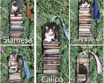 Cat on a Stack of Books Bookmark | Cardstock | Laminated | Tassel | Book Lover | Pile of Books | Siamese | Calico | Tabby | Black & White