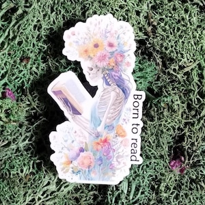 Skelett-Lesung Aufkleber - Buchliebhaber Vinyl mit floralen Details - Gruselig süßer Aufkleber für Kindle, Wasserflasche, Laptop