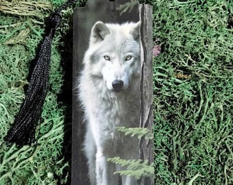 Puede incluir: Un marcapáginas con un lobo blanco y una borla negra. El lobo está de pie en un entorno de bosque con árboles y follaje verde.