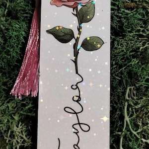 Personalized Tassel Bookmark with Pink Rose Flower - Custom Name Bookmark