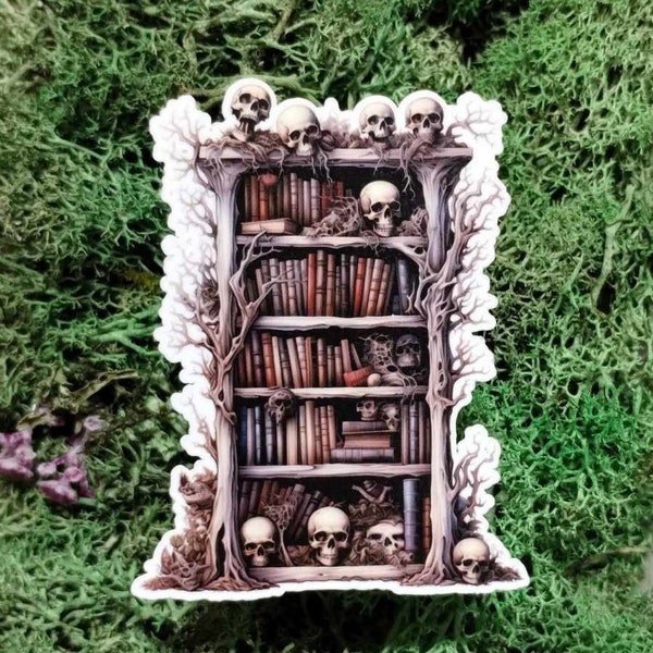 Bookcase and Skulls Sticker | Bookworm | | Bookshelf Vinyl Sticker | Shelves Full of Books |  Cute | Die Cut Sticker | Planner
