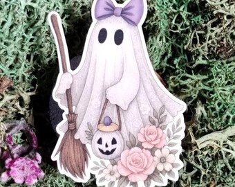 Lacy Ghost Vinyl Sticker – Halloween Decor with Roses