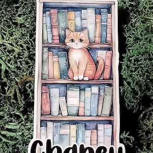 Personalized Orange Cat Bookcase Sticker: Book Lover Gift