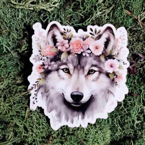 Blumenkrone Wolf Vinyl Aufkleber, Wolf Aufkleber, Blumenkrone Wolf, Blumen Wolf Aufkleber, Natur inspirierter Aufkleber, Tierkronenaufkleber
