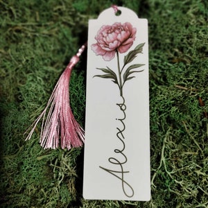 Personalized Tassel Bookmark with Pink Peony Flower - Custom Name Bookmark