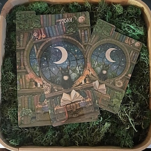 May include: Two rectangular planner dashboards featuring a dark library scene with a black cat sitting before a circular window showing a crescent moon. The illustration includes shelves of books, a globe, and an open book with the word TODAY.