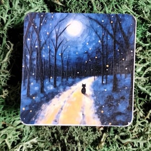 Paseo iluminado por la luna - Gato negro caminando por una pegatina de camino sereno / Mamá gato / Diario / Pegatina de vinilo / Vaso / Botella de agua / Lindo / Planificador