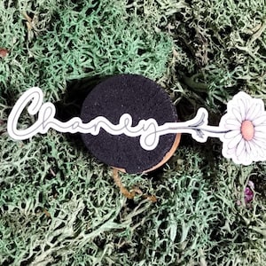 Pegatina personalizada con nombre de margarita: nombre floral que fluye hacia el tallo. Vinilo personalizado para Kindle, botellas de agua y diarios.