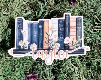 Personalized Row of Books and Daisy Flowers - Bookish sticker, personalized sticker, custom  decal, name sticker, tumbler, kindle, Daisies