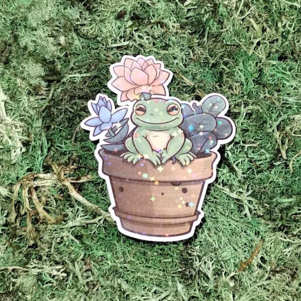 Cute Frog Sitting in Flower Pot Sticker | vinyl sticker | die cut sticker | scrapbook | junk journal | cute | planner | journal | tumbler |