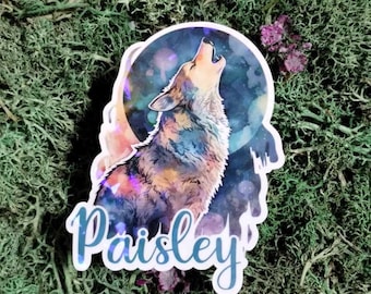 Personalized Wolf Howling at the Moon Sticker - Wolf sticker, moon sticker, personalized sticker, custom wolf decal, name sticker, tumbler