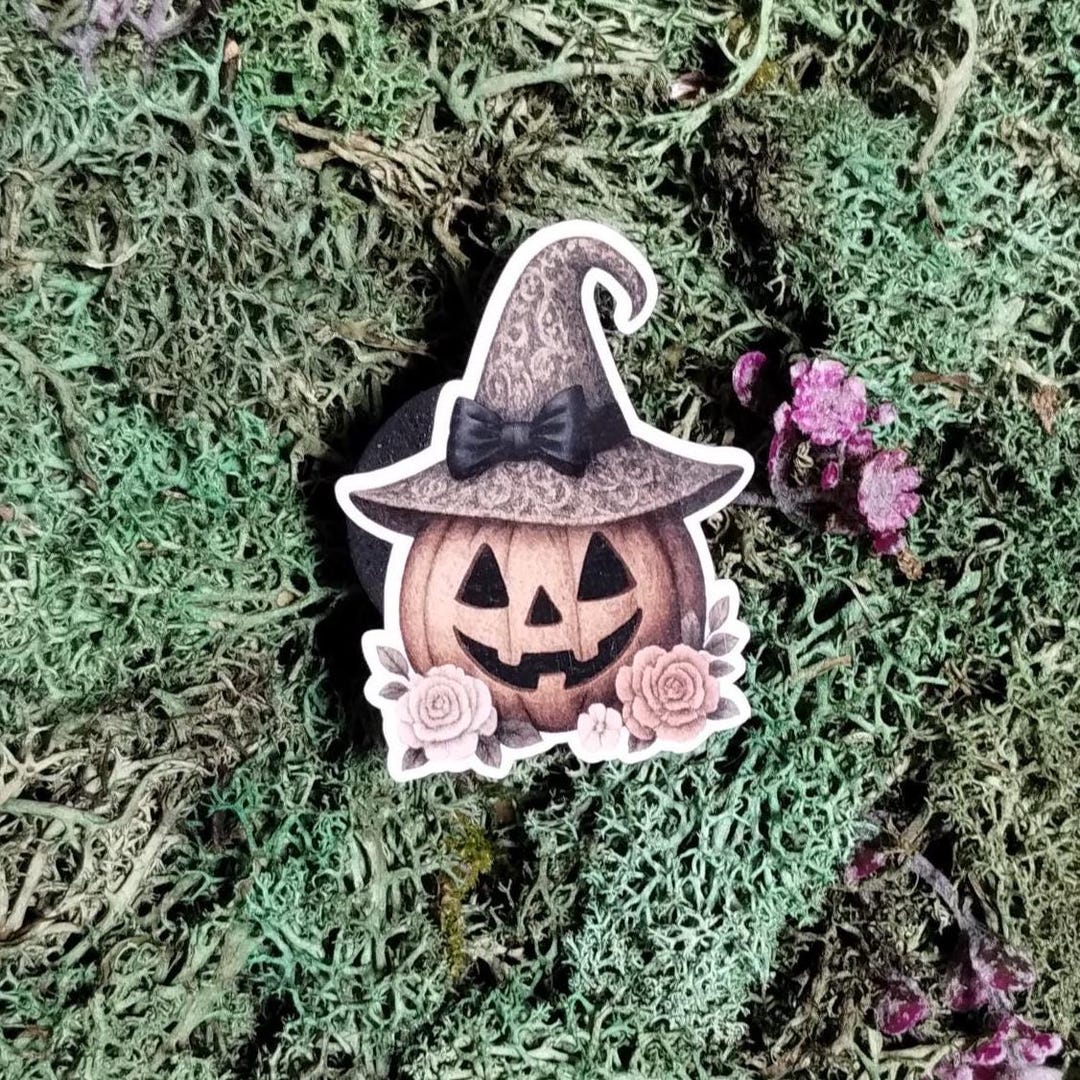 Smiling Jack O’lantern Witch Hat Rose Sticker – Cute Halloween Pumpkin ...
