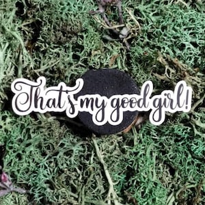 May include: A black, circular magnet featuring the phrase "That's my good girl!" in white cursive lettering. The magnet is placed on a bed of green moss, with hints of purple flowers.