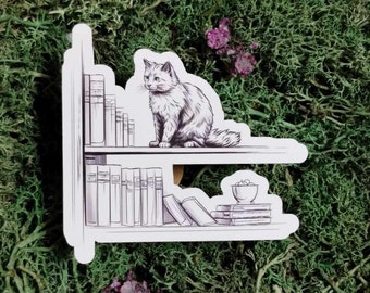 Colorez votre propre chat mignon sur l’autocollant d’étagère - Feline Bookworm Fun, Chat sur étagère, coloriez le vôtre, chaton sur une bibliothèque, chat livresque