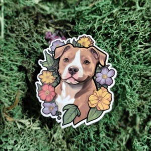 Adorable Brown Pitbull with Flower Accents Sticker | Pittie vinyl sticker | die cut sticker | scrapbook | junk journal | American Pit Bull