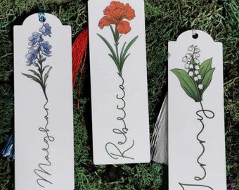 Personalized Birth Month Flower Bookmarks | Birth flower | Cardstock | Laminated | Tassel | Custom Name | Birthday Bookmark