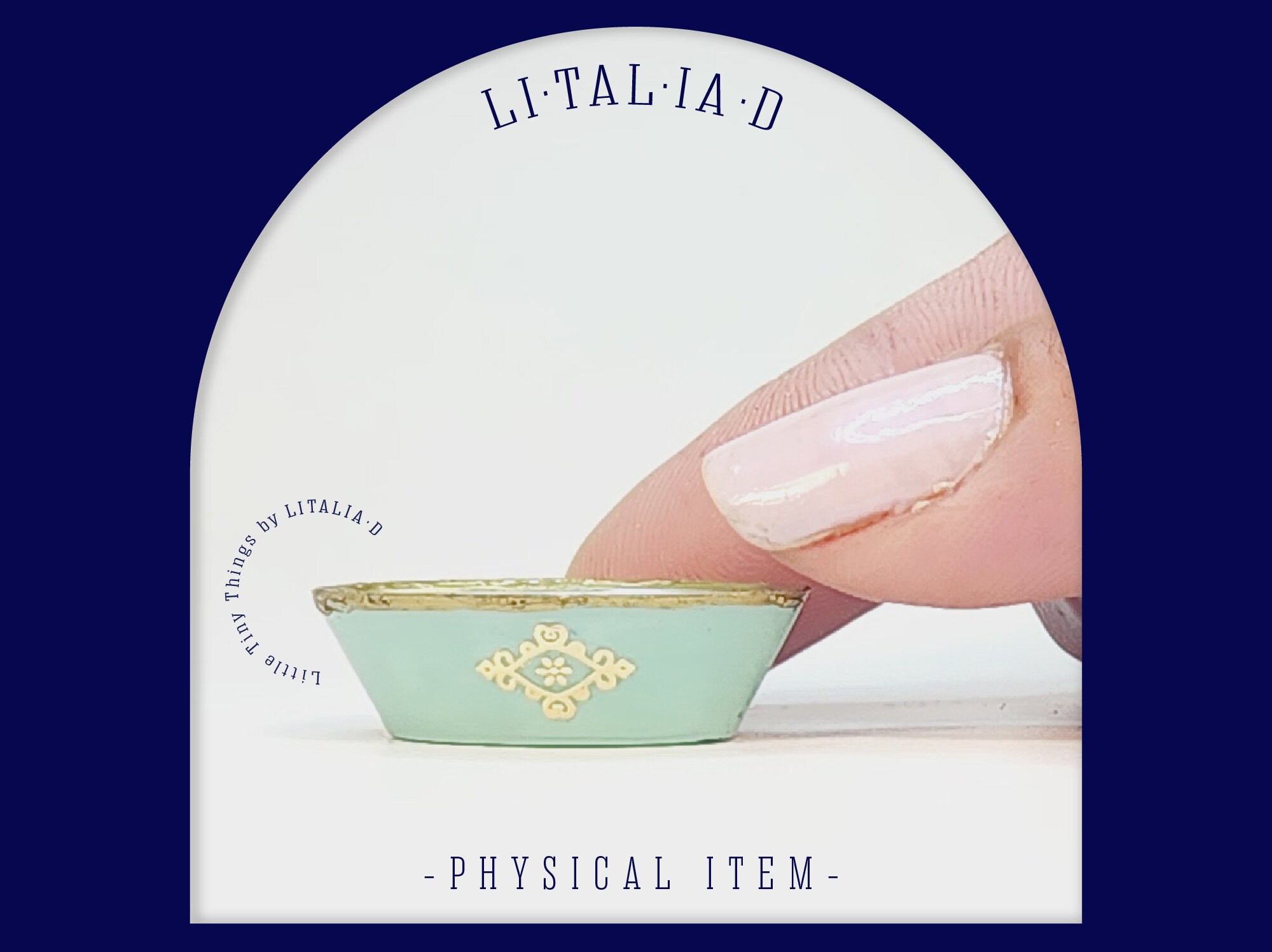 Miniature Dollhouse Decor: Oval Pale Green Bowl with Delicate Gold Decoration