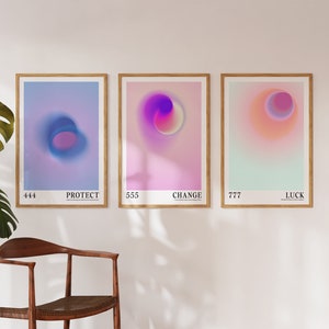 Angel Numbers Set Of 3 Digital Print | Manifestation Wall Art | Gradient Aura Print Set of 3 | Aura Colors Wall Art | 444 555 777