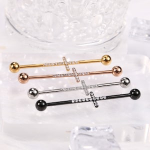 Joia de piercing industrial de barra industrial 14G Barra industrial de aço cirúrgico para mulheres e homens com brinco de cartilagem de superfície cruzada CZ