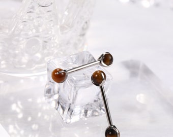 Tigeraugen-Stein Nipple Ring Innengefädelt Nipple-Barbell 14G Nipple-Piercing Schmuck G23-Titanium Nipple-Bar Nipple-Body-Piercing