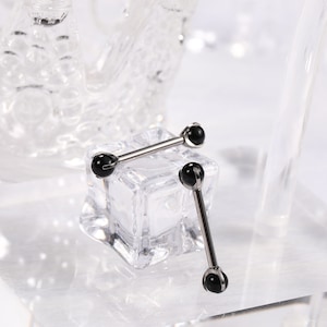 Black Cat Eye&#39;s Stone Pair 14G 16G G23 Solid Titanium Shield Barbell Internally Threaded Tongue Piercing Silver