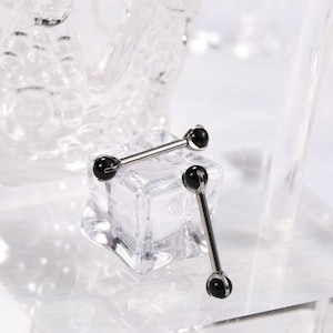 Black Cat Eye's Stone Pair 14G 16G G23 Solid Titanium Shield Barbell Internally Threaded Tongue Piercing Silver image 1