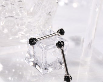 Black-Cat-Eye's-Stone Pair 14G/16G G23-Titanium Shield Barbell Internally Threaded Tongue Piercing Silver