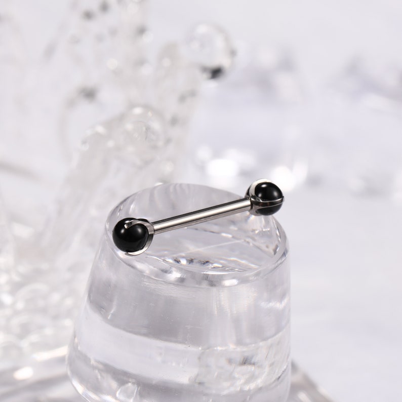 Black Cat Eye's Stone Pair 14G 16G G23 Solid Titanium Shield Barbell Internally Threaded Tongue Piercing Silver image 4