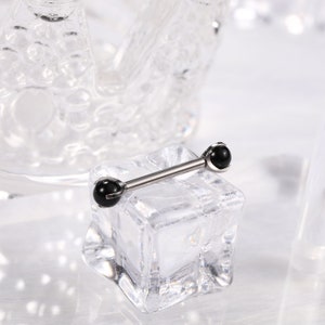 Black Cat Eye's Stone Pair 14G 16G G23 Solid Titanium Shield Barbell Internally Threaded Tongue Piercing Silver image 3