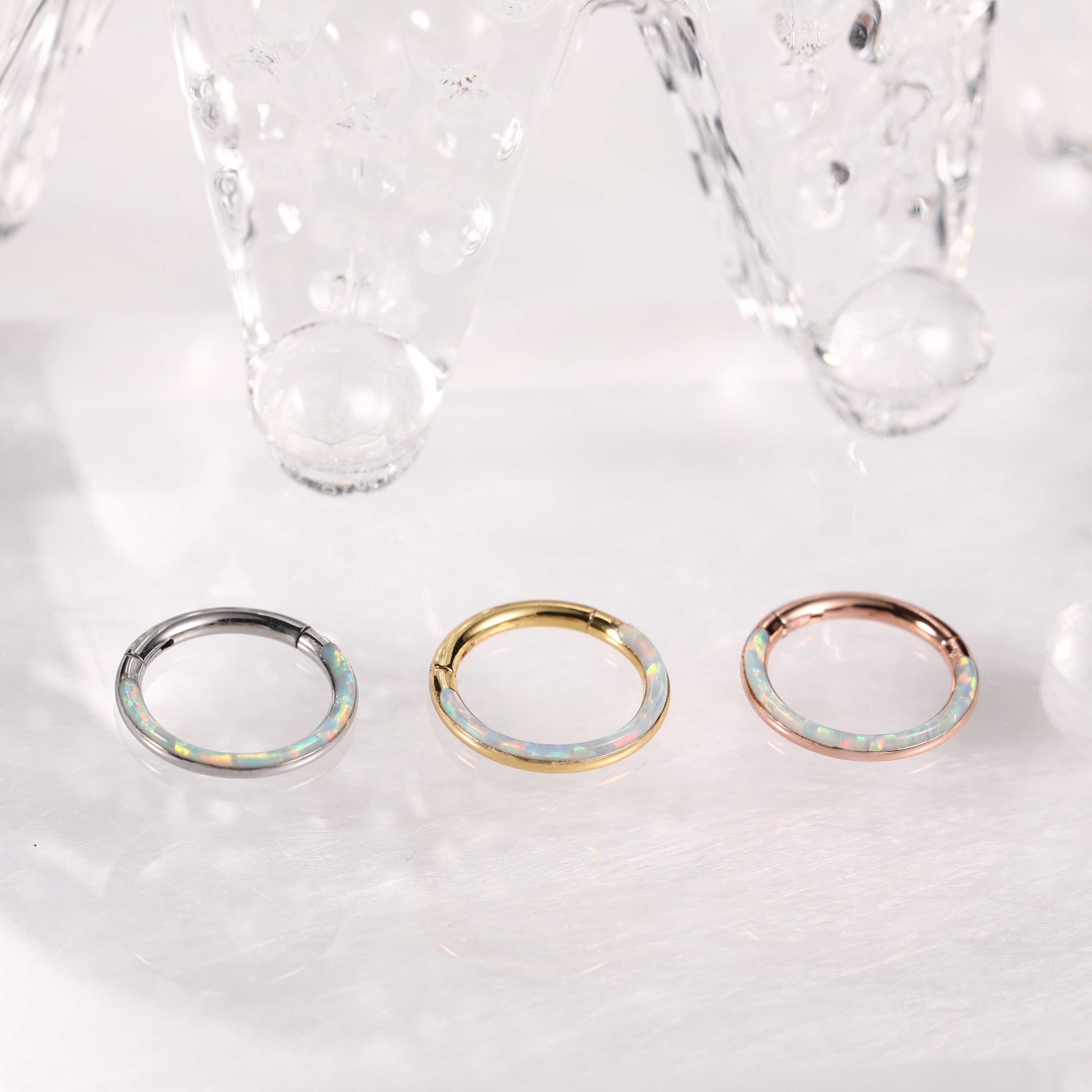 White Opal Stainless Steel Seamless Hinged Segment Clicker Ring Septum Conch Helix Cartilage Nose Ring Piercing 6/8/10mm