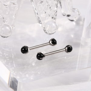 Black Cat Eye's Stone Pair 14G 16G G23 Solid Titanium Shield Barbell Internally Threaded Tongue Piercing Silver image 2