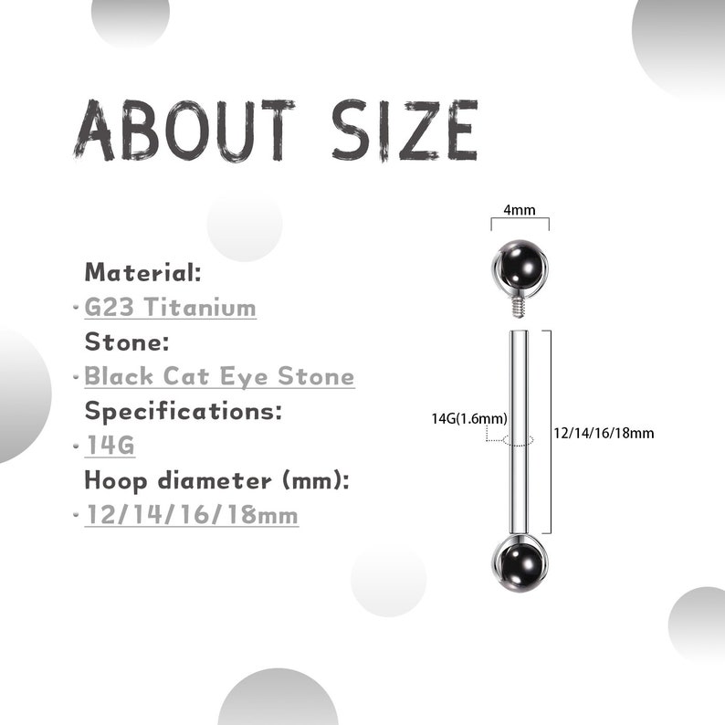 Black Cat Eye's Stone Pair 14G 16G G23 Solid Titanium Shield Barbell Internally Threaded Tongue Piercing Silver image 7