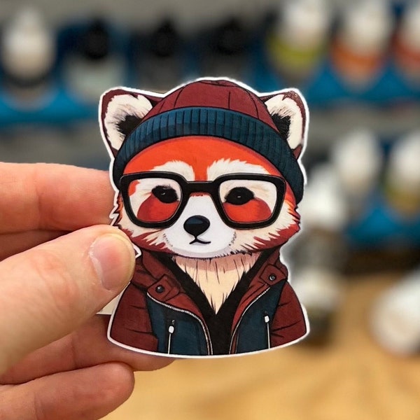 Hipster Red Panda Sticker Cute Animal with Glasses and Beanie Hat